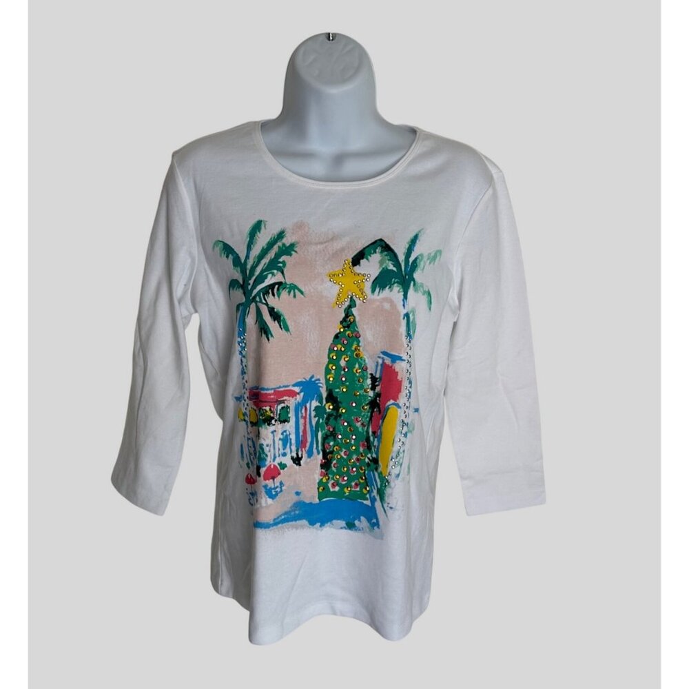 Karen Scott Women's Petite Christmas Graphic Tee Shirt Cotton Polyester White PP - Picture 2 of 9